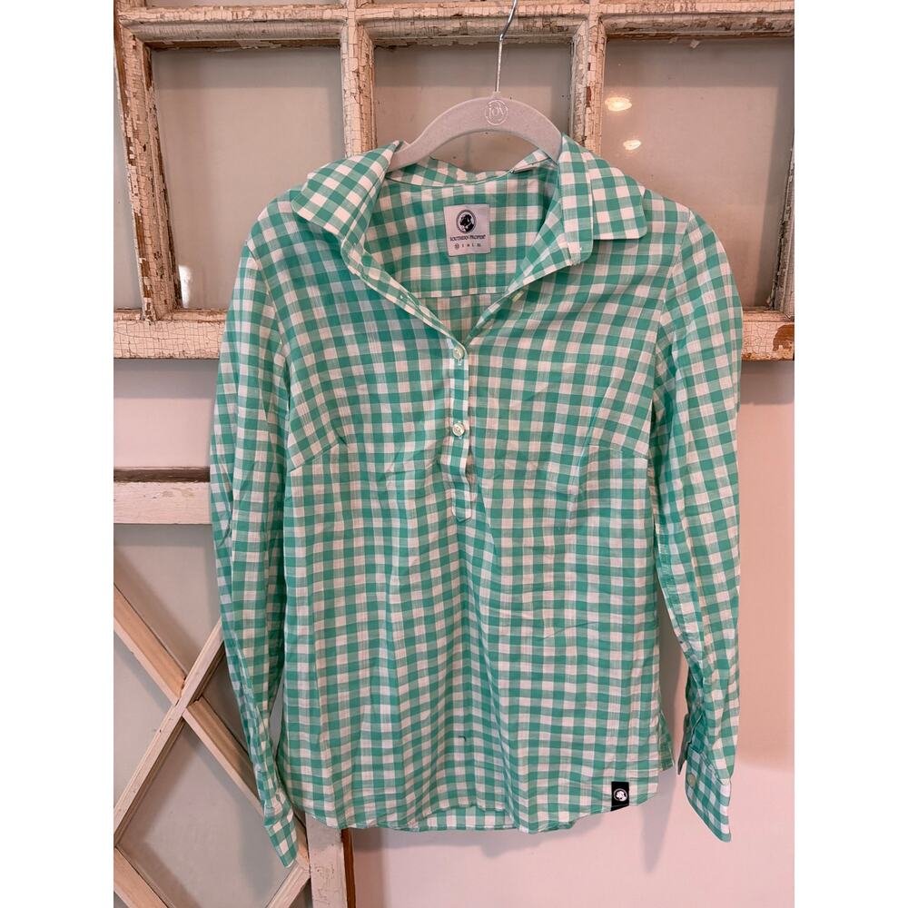 Southern Proper size XS green & white popover cotton blouse top
